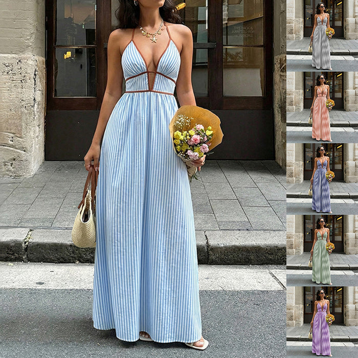 Women's Striped Strappy Dresses Fashion Summer V-Neck Maxi Dress Party Beach Evening Dress Women's Clothing